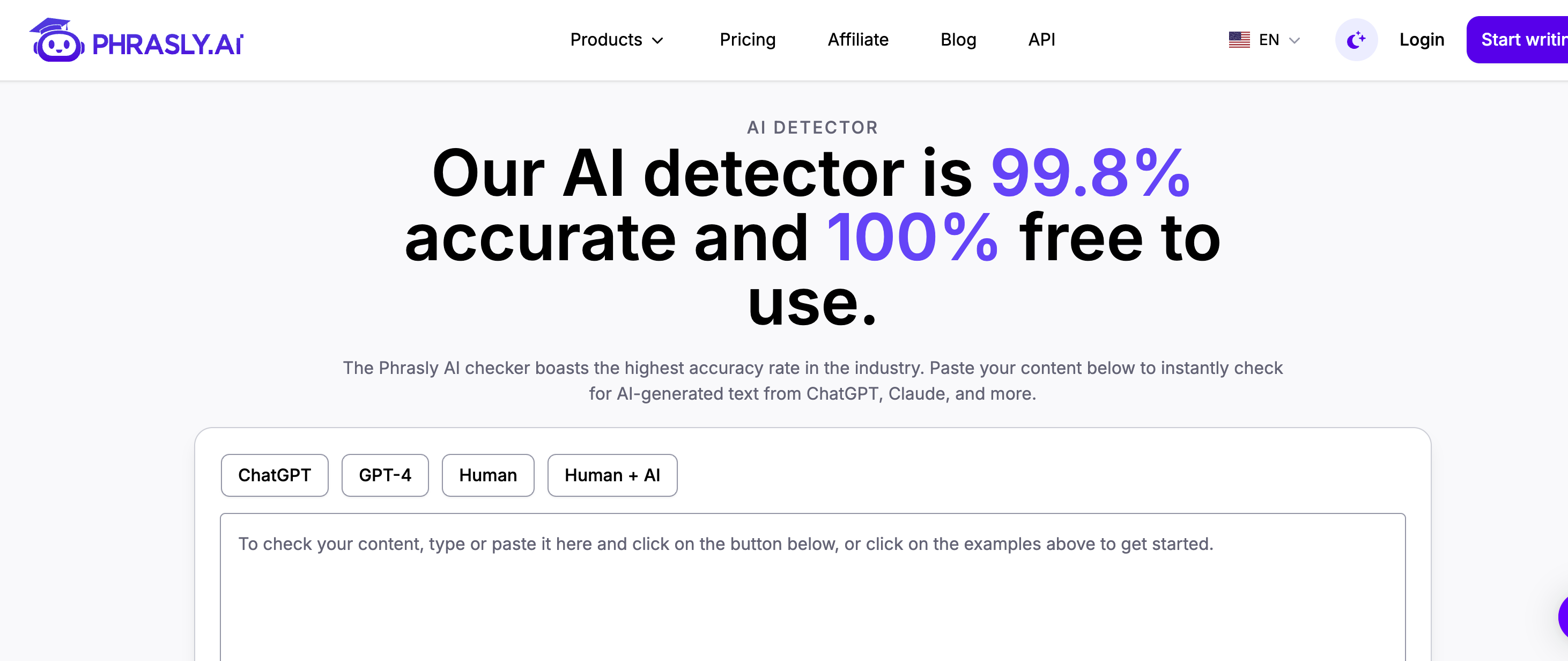 Screenshot of AI detection tool Phrasly homepage